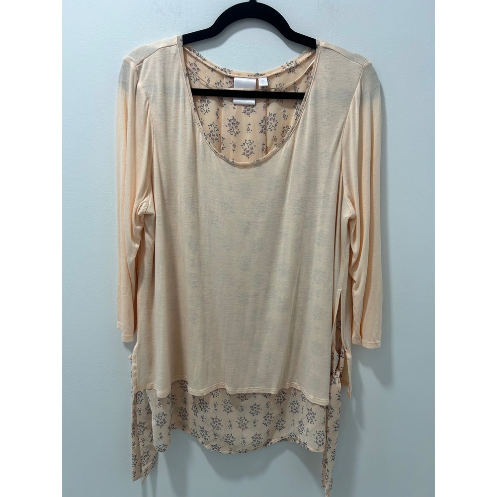 Lauren Conrad Peach Floral Layered Mixed Media Tunic Top Long Sleeve XL